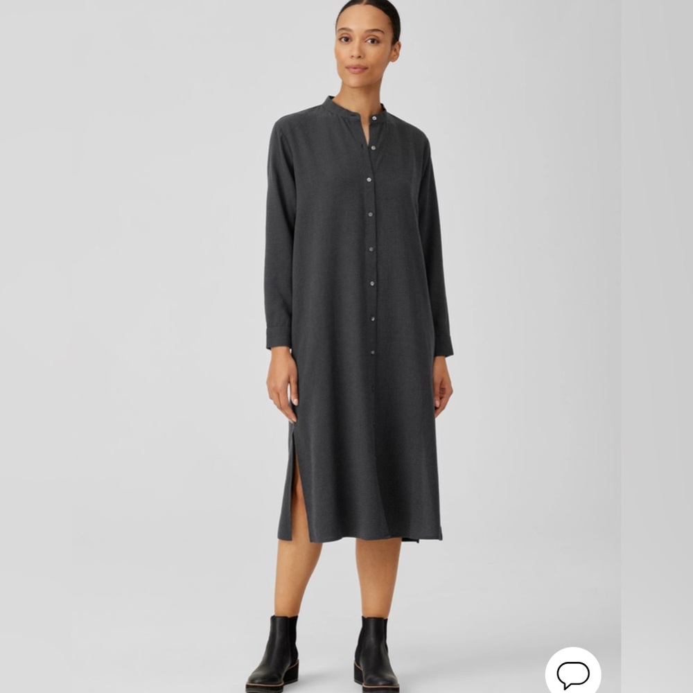 Eileen Fisher Mini Check Crepe Mandarin Collar Dress size medium